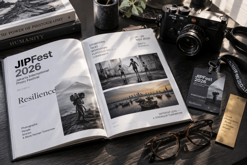 JIPFest 2026: Panduan Lengkap Karya Fotografer Lokal dan Global di Taman Ismail Marzuki 2 Buku panduan katalog resmi JIPFest 2026 edisi keenam dan kamera rangefinder analog di meja kurator.