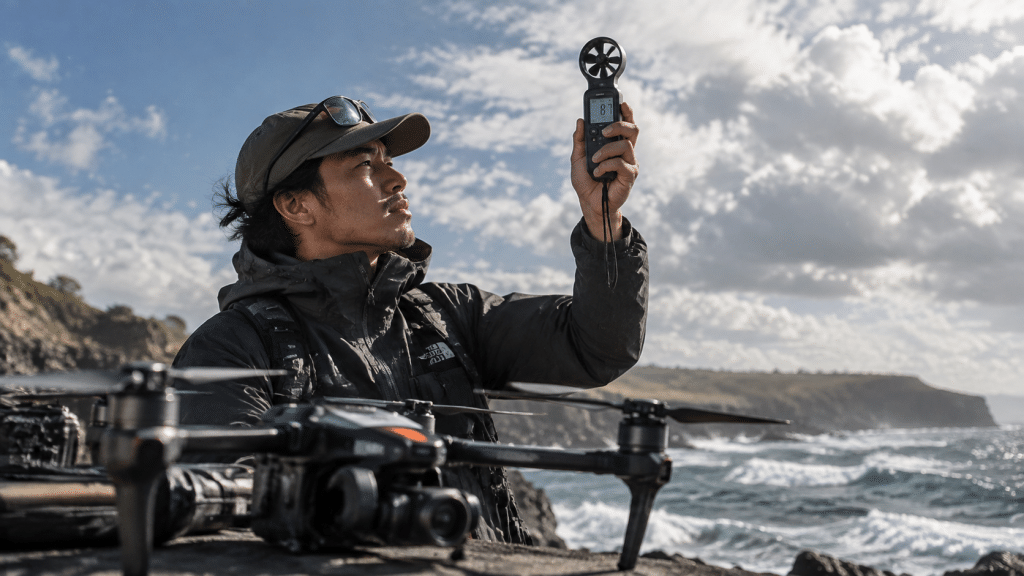 Pilot drone memegang anemometer portabel untuk memantau kecepatan angin sebelum menerbangkan UAV di area terbuka.