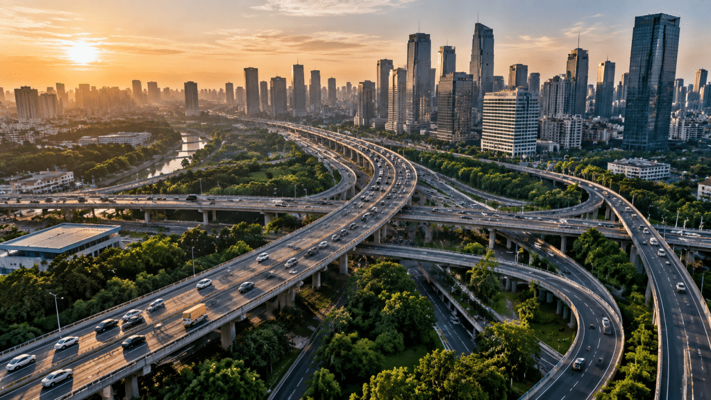Sudut pandang aerial cinematic memperlihatkan simpang susun transportasi kota modern dengan jejak bayangan sore hari.