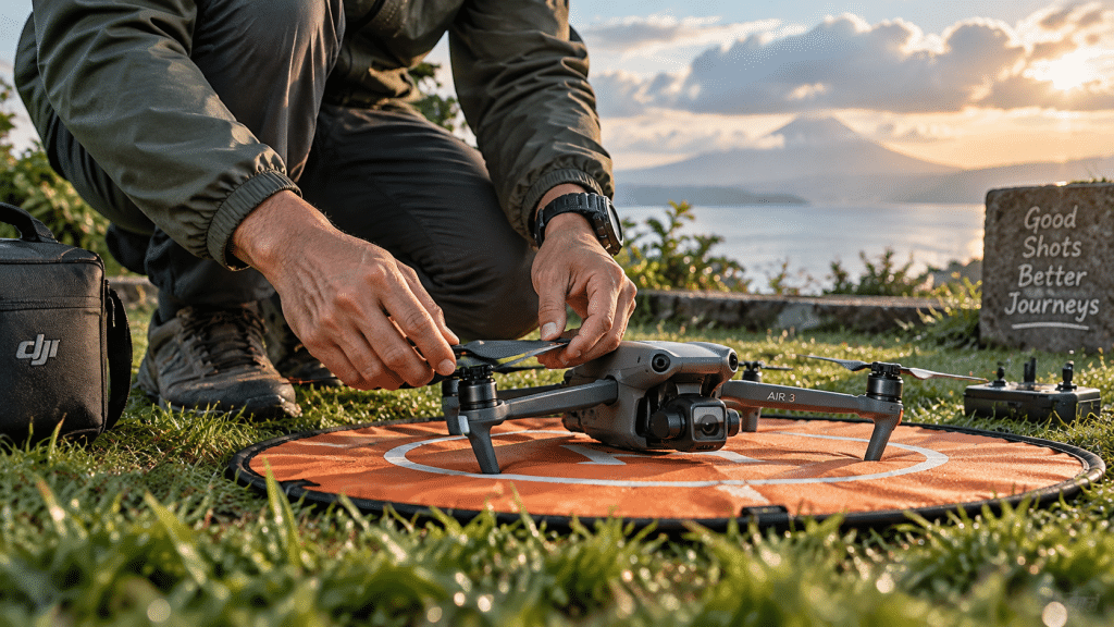 Langkah persiapan kalibrasi kompas drone di atas landing pad oranye di area lapangan rumput terbuka.