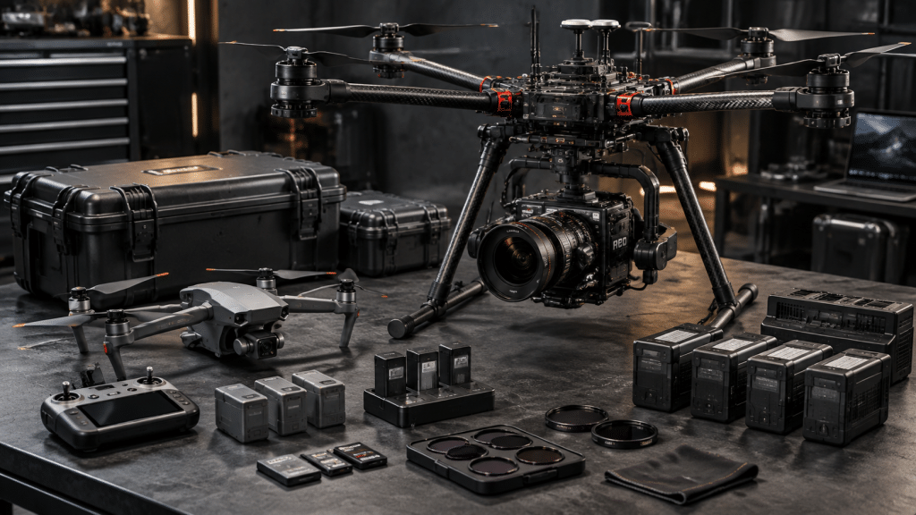 Dua tipe drone berbeda skala berjejer di atas meja kerja teknis untuk membandingkan kapasitas sensor kamera.