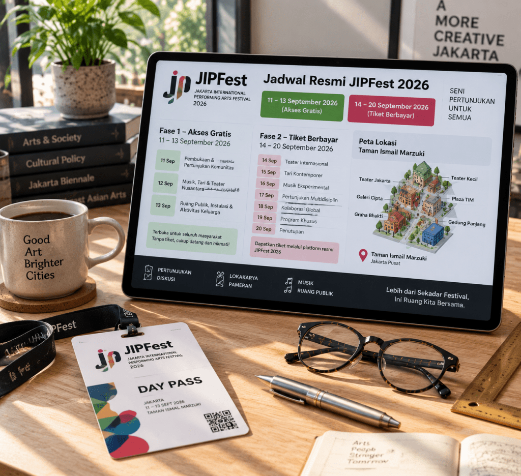JIPFest 2026: Panduan Lengkap Karya Fotografer Lokal dan Global di Taman Ismail Marzuki 4 Tablet menampilkan jadwal resmi akses gratis 11-13 September dan tiket berbayar 14-20 September JIPFest 2026.