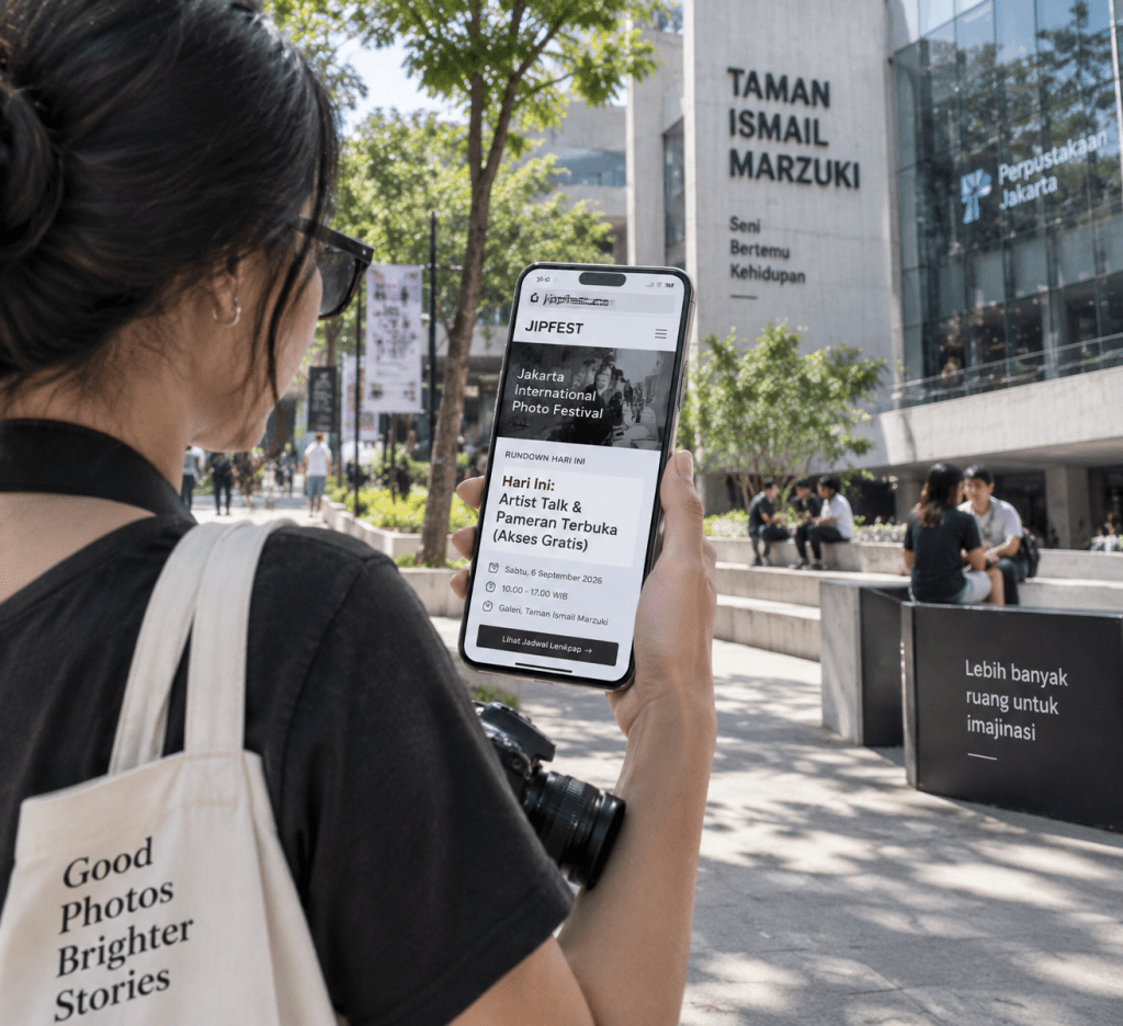 JIPFest 2026: Panduan Lengkap Karya Fotografer Lokal dan Global di Taman Ismail Marzuki 6 Pengunjung memeriksa jadwal harian pameran dan panduan akses gratis JIPFest 2026 melalui ponsel di TIM Cikini.