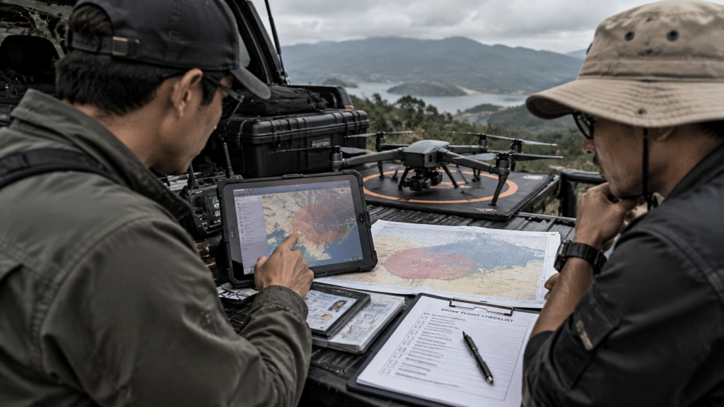 Pilot drone memegang anemometer portabel untuk memantau kecepatan angin sebelum menerbangkan UAV di area terbuka.